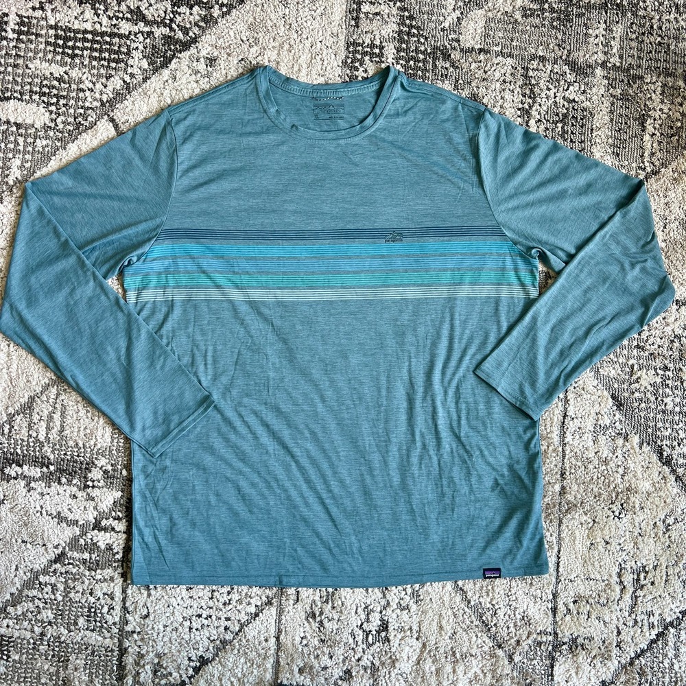 Patagonia Long Sleeve T Shirt Men XL Light Plume Gray Logo Ridge Stripe